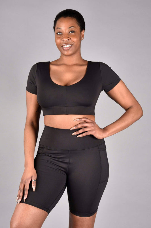 Audrey Reversible Recycled Core Compression Short Sleeve Longline Bra in Matte Black - Serene Rage LLC