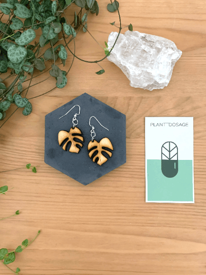 Large Monstera Deliciosa Wooden Earrings - Serene Rage LLC