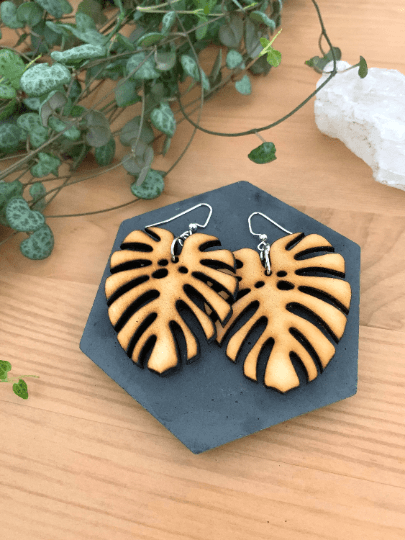 Large Monstera Deliciosa Wooden Earrings - Serene Rage LLC