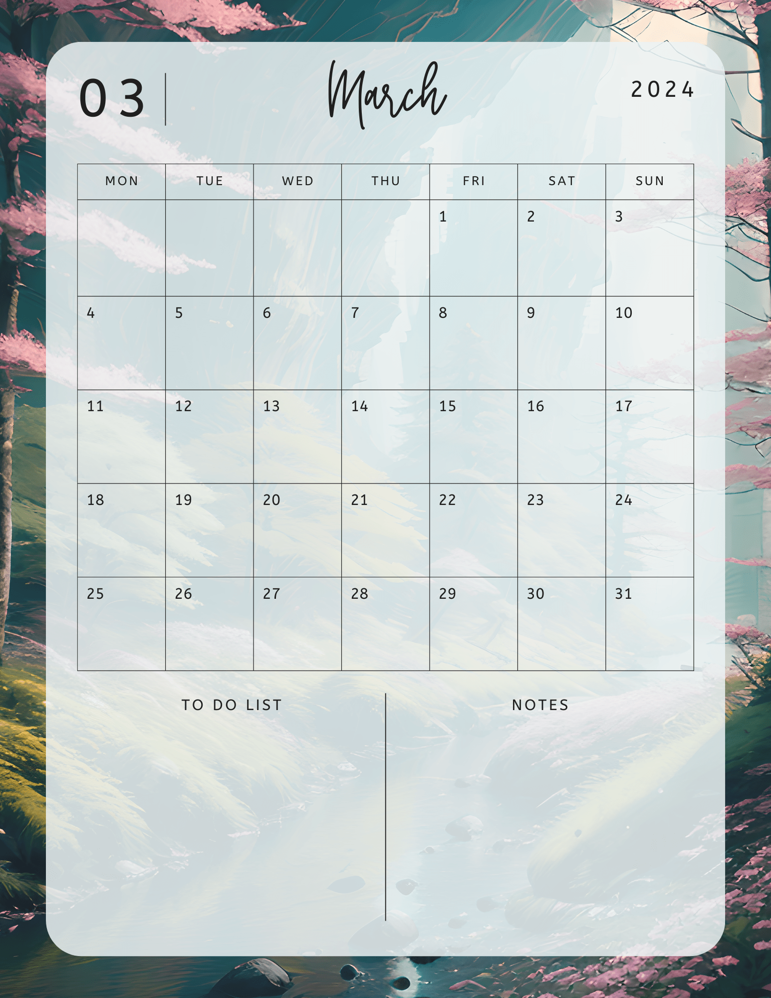 Printable 2024 Monthly Planner - Digital Download - Serene Rage